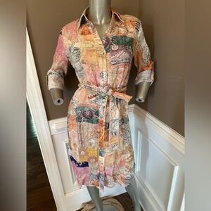 NWT MAGASCHONI Paisley Patchwork Linen Shirt Dress Multicolored Sz XS